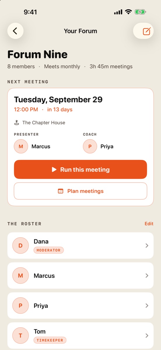 Your Forum screen: the next meeting with its presenter and coach, the roster below