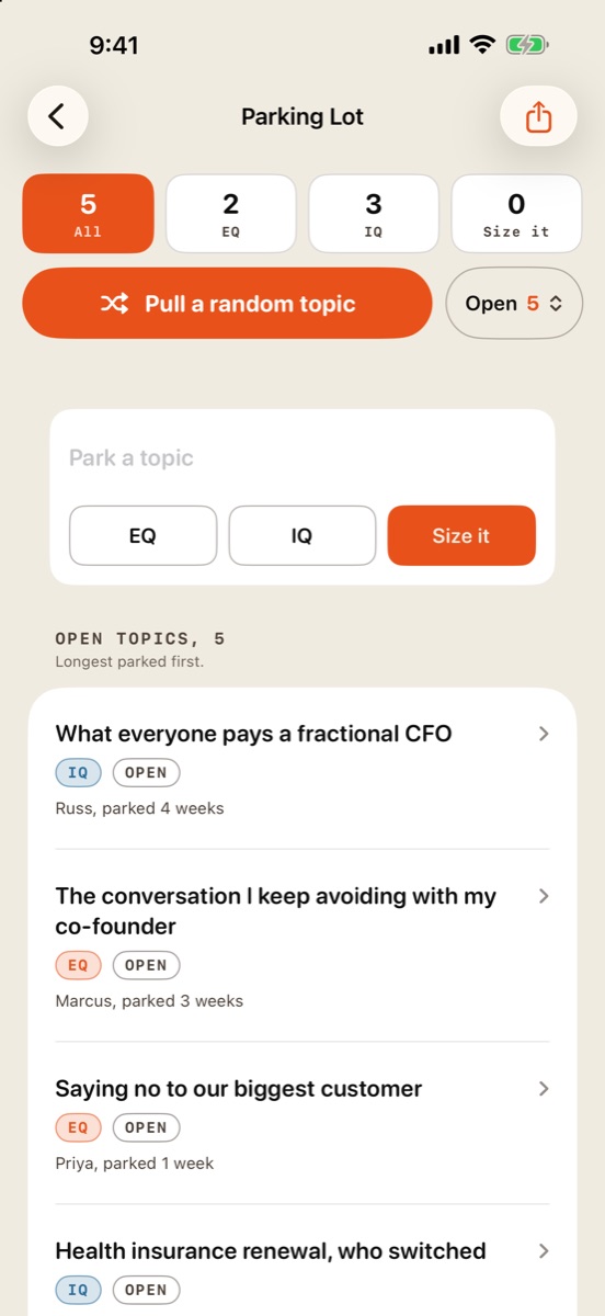 The parking lot: EQ and IQ topics with who parked them and how long ago