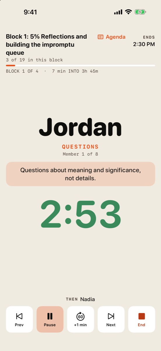The meeting runner: Jordan's turn in Block 1, 2:53 left, Pause and Next below